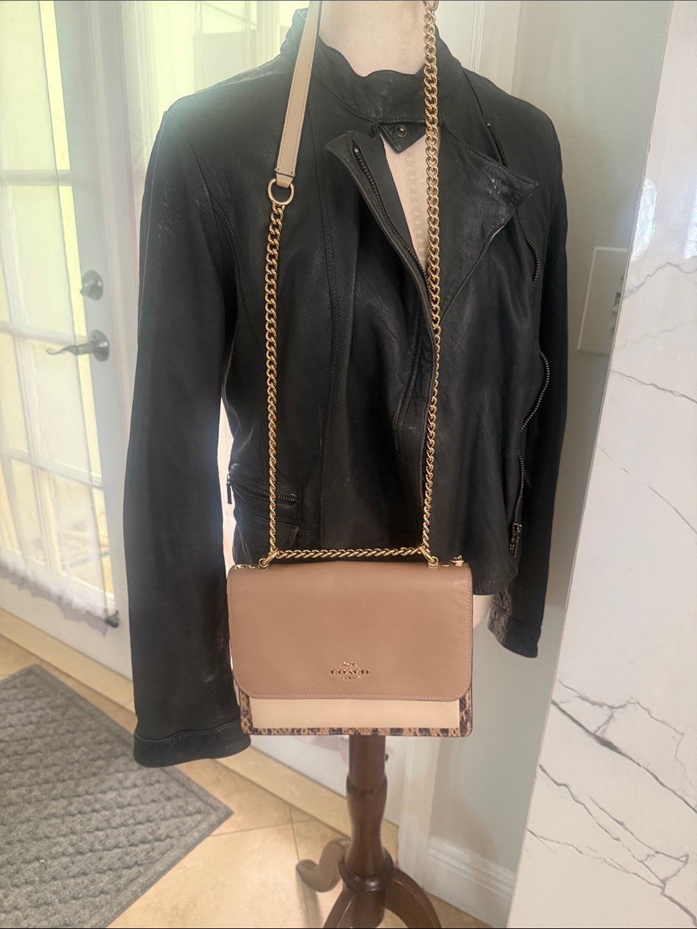 Coach Two-Tone Beige and Leopard-Trim Chain Crossbody
